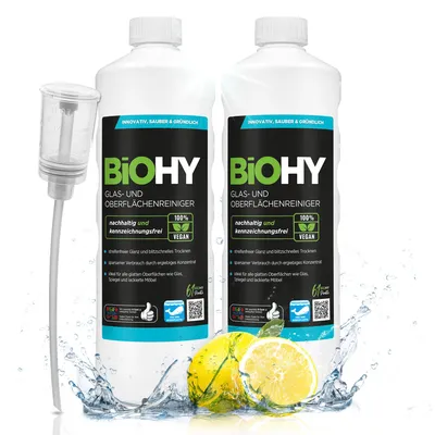 Produktbild von BiOHY Glas- und Oberflächenreiniger + Dosierer, Glasreiniger, Fensterreiniger, 2 x 1 l