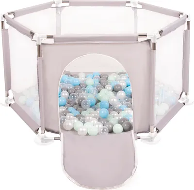 Produktbild von Selonis sechseckiger laufstall mit 100 bälle laufgitter für kinder, grau:perle/grau/transparent/babyblau/minze