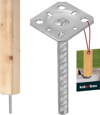 A wooden post and a metal post anchor are shown against a white background, with a small inset image showing the post anchor in use.