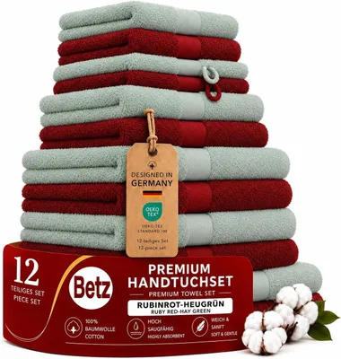 Produktbild von Betz Premium Handtuch-Set 12-teilig –100% Baumwolle –® –hohe Grammatur – Duschtücher, Handtücher, Gästetücher,WH -rubinrot/heugrün