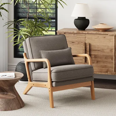 Produktbild von COLAMY Loungesessel mit Lendenkissen, Mid-Century Sessel mit Massivholzrahmen, Grau