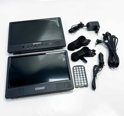 Produktbild von SCHWAIGER 716474 Tragbarer DVD Player 2 Bildschirme Portabler Videospieler Akku Fernbedienung SD-Slot USB-Anschluss Standfuß für KfZ Auto inkl. Befestigunsmaterial
