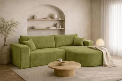 Image de Canapé d'angle avec fonction couchage, tissu velours côtelé Poso, couleur olive, version droite, ROUND ONE