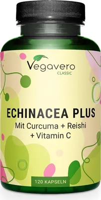 Produktbild von Vegavero Echinacea Plus | 120 Kapseln | mit Reishi & Kurkuma Extrakt | Vitamin C aus Acerola + Zink | vegan