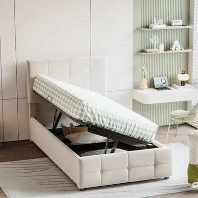Immagine prodotto di Letto per bambini 90x200 cm, imbottito, con spazio contenitore, cassone sollevabile idraulico, poggiatesta regolabile in altezza e rivestito in velluto color beige