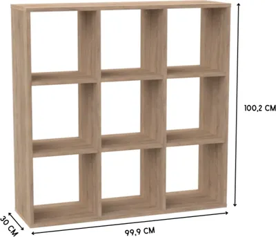 A 3x3 cube shelf unit shown from the front with dimensions indicated.