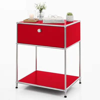 Productafbeelding van Floordirekt bijzettafel Concept Epure MK-139, afmetingen 50x40x65 cm, rood, met afsluitbare lade, modulair en krasbestendig plankensysteem, metalen frame