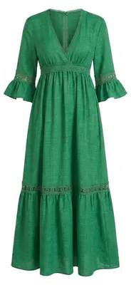 Produktbild von Langes Damenkleid mit Glockenärmeln, V-Ausschnitt und Spitzenbesatz