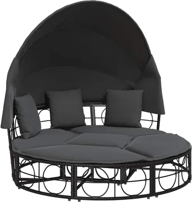 Image de vidaXL Lit lounge d'extérieur avec toit et coussins noir Poly rotin