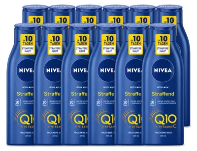 Imagen del producto de 12 unidades de crema corporal NIVEA Q10 Energy+, reafirmante, 400 ml. Paquete económico
