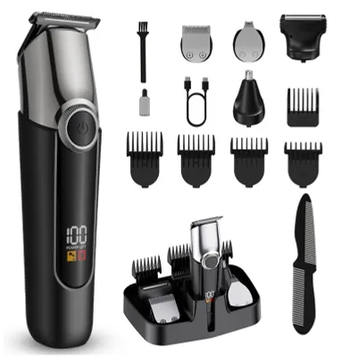 Image de Tondeuse à cheveux sans fil pour hommes, appareil de rasage multifonctionnel 5-en-1 pour barbe et poils du nez, avec écran numérique LED, kit de coupe rechargeable, étanche