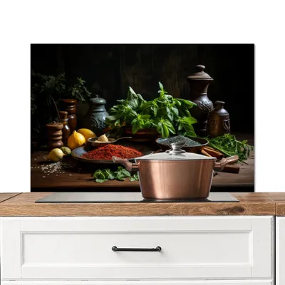 Produktbild von KitchenYeah®  Spritzschutz Küche - Küchenrückwand - Wandschutz für Herd und Spüle - Kräuter - Stilleben - Gewürze - Schwarz 90x60 - Alu-Dibond (Alternative zum Spritzschutz aus Glas) - Hitzebeständig