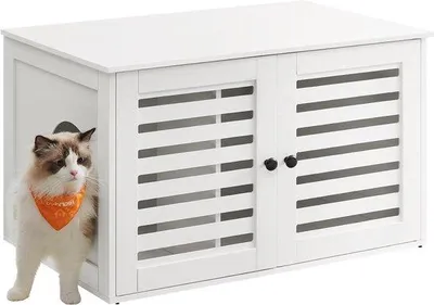 Produktbild von Katzenhaustisch – Katzenklo-Versteck – Mit Jalousietüren – 80 x 53 x 49 cm – Wolkenweiß