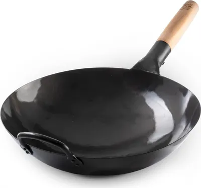 Immagine prodotto di Wok a polvere Acciaio al carbonio forgiato a mano - manico ausiliario in legno e acciaio - base rotonda da 335 cm