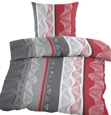 Produktbild von 2-tlg. Seersucker Bettwäsche 135x200 +80x80cm, rot grau weiß , Wellen, Microfaser, bügelfrei