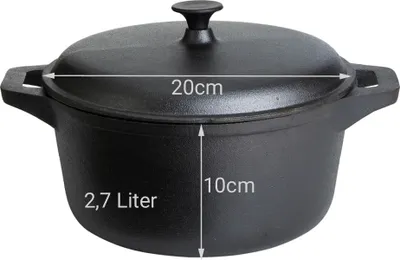 Gusstopf mit Deckel 20x10 cm - Feuertopf aus Eisenguss - 2,7 Liter