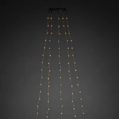 A close-up shot of a string of LED lights hanging from a black frame against a dark gray background.