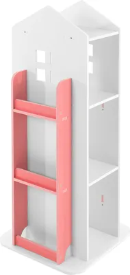 A white and pink rotating bookshelf for children, shaped like a house.