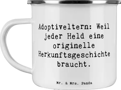Produktbild von Mr. & Mrs. Panda Emaille Tasse Spruch Adoptiveltern Helden - Weiß - Geschenk, Teetasse, Freude, Handarbeit, herzerwärmende Sprüche, Herkunftsgeschichte, becher, Familie
