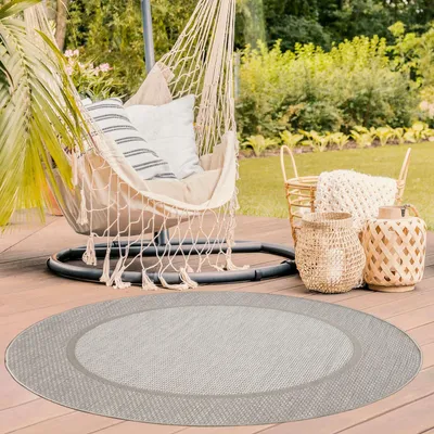 Produktbild von TT Home In-& Outdoorteppich Wetterfest Terrasse Balkon Esszimmer Modernes Boho Design Skandinavisch Mit Bordüre Unicolor Größe 120 cm Rund