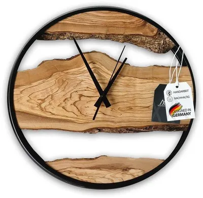 Produktbild von Massive Holz Wanduhr aus nativem Holz ohne Tickgeräusche rustikal handgefertigt Wanduhr für Wohnzimmer