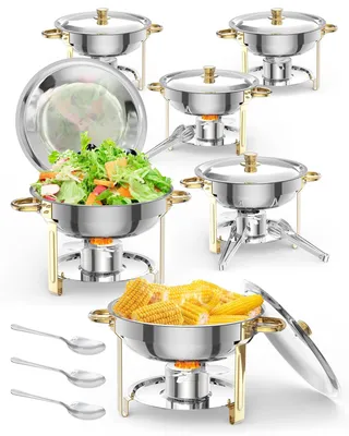 Immagine prodotto di Scaldavivande a chafing dish - Rotondo - 5 l in acciaio inossidabile - Con coperchio, cucchiaio e pinze - Per catering e matrimoni - Set da 6