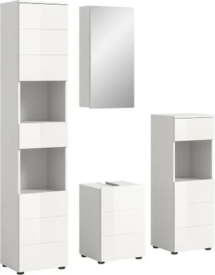 Productafbeelding van - Badkamercombinatie Vira, 4-delig set, 144x190x34 cm, wit melamine en wit hoogglanzend - Badkamercombinatie, badkamer set, badkamer meubels