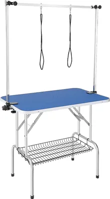 A grooming table for pets, with adjustable restraints and a storage shelf.