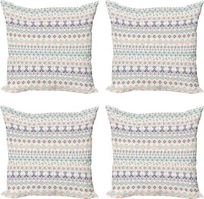 Produktbild von ABAKUHAUS Geometrisch Kissenbezug Set (4 Stück), Aztec Motive Squares, Moderner Doppelseitiger Digitaldruck, 50 cm x 50 cm, Mint Dark Blue Peach