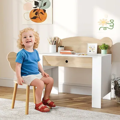 Produktbild von Kinderschreibtisch Set mit Tischplatte & Schublade Kindertisch Jugendschreibtisch für 3-8 Jahre Jungs & Mädchen Naturholz+Weiß