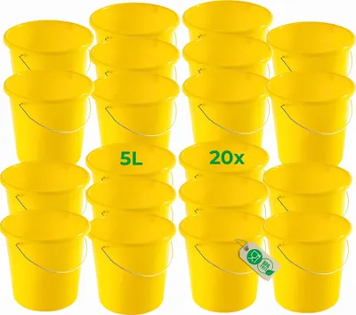 Produktbild von Novaliv 20 Stück Eimer 5L Gelb mit Maßeinteilung - Putzeimer 5 Liter ⌀ 22,5 cm Praktischer Allrounder mit Skala für Haushalt & Garten ideal als Haushaltseimer, Wassereimer, Wischeimer, Bucket
