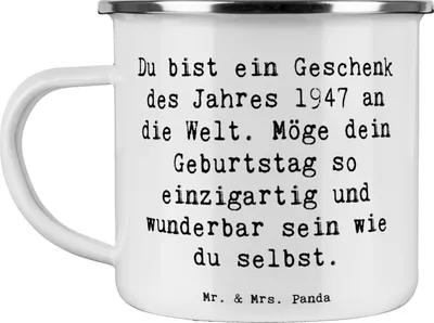Produktbild von Mr. & Mrs. Panda Tasse Emaille Spruch 1947 Geburtstag - Weiß - Geschenk, Campingbecher, Geburtstagsgeschenk, Jubiläum, Pott, Happy Birthday, becher, Teetasse, Alter