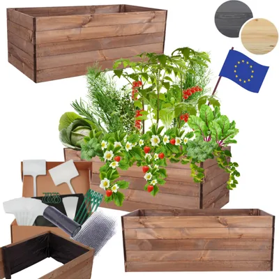 Produktbild von MODO24 Hochbeet Holz, Pflanzkasten, Massivholz, Kiefer, Kräuterbeet, Blumenkasten, Garten, Terrasse, 45x120x60 cm, Braun, ZP06