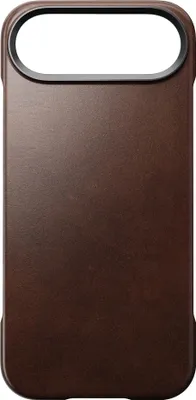A brown leather phone case is shown against a white background.