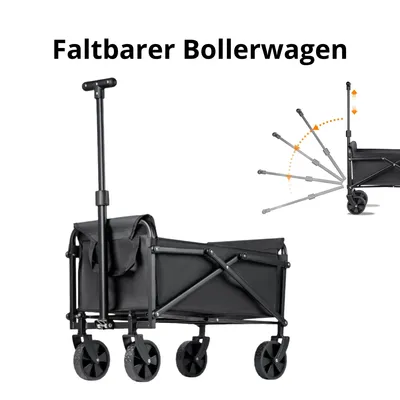 Produktbild von Faltbarer Bollerwagen mit 4 Rädern – Transportwagen für Camping, Garten, Strand & Einkauf, klappbarer Outdoor Handwagen mit verstellbarem Griff