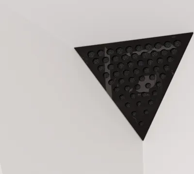 Zdjęcie produktu dla 2-częściowa sufitowa pułapka basowa "Triangle-ROUNDS" Pianka akustyczna z perforowaną laminowaną płytą HDF | 42x42x42cm | Trójkątna pułapka basowa w kształcie piramidy| Kolor: Czarny błyszczący plastik