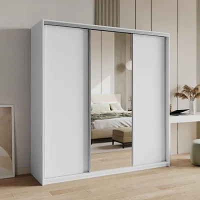 Produktbild von Masseno Schiebetürenschrank TAVI 180/205/60 cm Kleiderschrank mit 4 Schubladen Schlafzimmer Schrank 3-türig mit Spiegel Weiß