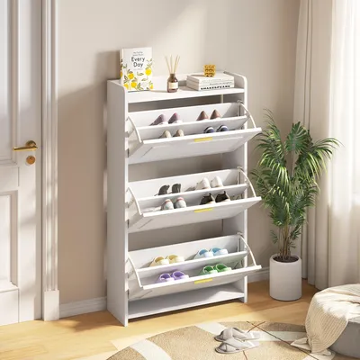 Produktbild von Schuhschrank - 70x24x120 cm, Weiß - 6 Fächer mit Klapptüren - Praktische Schublade - Kompakt