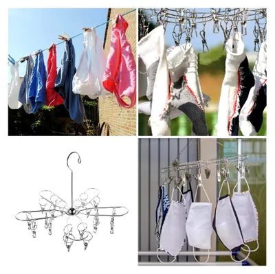 Produktbild von Edelstahl-Sockenaufhänger mit 20 Mehrfachclips zum Trocknen von Kleidung und Socken, faltbar, formstabil und windfest