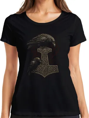 Produktbild von Thorshammer mit Raben nordische Mythologie Wikinger Runenkunst Damen T-Shirt, Schwarz, S