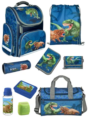 Produktbild von Schulranzen 1. Klasse für Jungen und Mädchen in Blau mit DINOSAURIER Motiv 9 tlg. Schultaschen Set mit Brotdose, Trinkflasche und Sporttasche