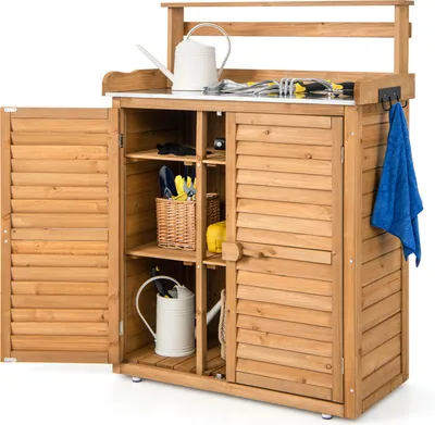 Produktbild von COSTWAY Pflanztisch mit Unterschrank, Arbeitsplatte & abnehmbaren Regalen, Arbeitstisch wetterfest outdoor, Blumentisch 87x45x120cm Natur