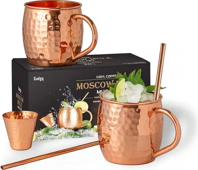 Produktbild von GADGY® Moscow Mule Becher Set - Cocktail Tassenset - Inklusive 2 Stück Kupferbecher, 2 Strohhalme Und EIN Jigger - 100% Kupfer - Kupferglässer - Party Geschenk