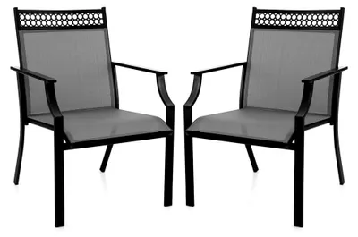 Produktbild von 2er Set Gartenstuhl, Gartenmöbel aus atmungsaktivem Allwettergewebe mit bequemer Rückenlehne und Armlehnen, Belastbarkeit 150 kg, Outdoor-Sessel für Terrasse, Balkon und Veranda (Grau)