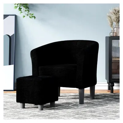Produktbild von Clubsessel mit gepolstertem Sitz und Armlehnen, Cocktailsessel mit Fußhocker, Loungesessel, Schwarz Stoff