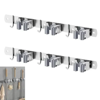 Produktbild von Besenhalterung Wand Halter mit 3 Clips & 3 Haken, punch free Mopp Clip für Badezimmer, wasserdicht, feuchtigkeitsbeständig
