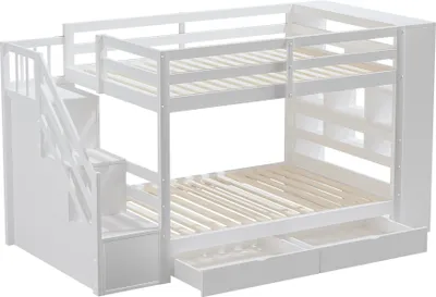 Produktbild von Etagenbett 90*200 cm, Sicherheitstreppe mit Staufächern, Stauraumschubladen&großen Schließfächern, hohe Zaunkonstruktion, Lattenrost, Kiefernbett,Weiß