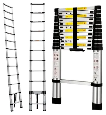 Produktbild von 5 m Teleskopleiter aus Aluminium, klappbare Mehrzweckleiter mit rutschfesten Füßen und einer Tragfähigkeit von 150 kg