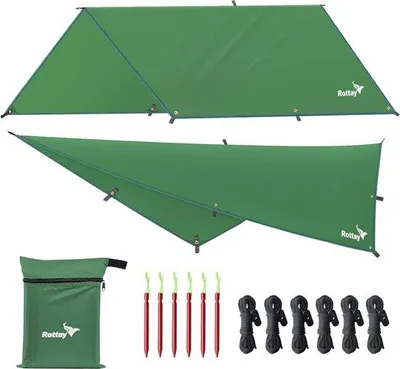 Obrázok produktu pre Unyqoos® Vodotesná plachta (tarp) – tmavozelená, 210D Oxford ripstop, rozmery 1,8×2,2 – 3×3,6 m, ľahká, ochrana pred dažďom/slnečník na kempovanie