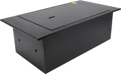 A black safe with a lid is shown from a slightly elevated side angle against a white background.